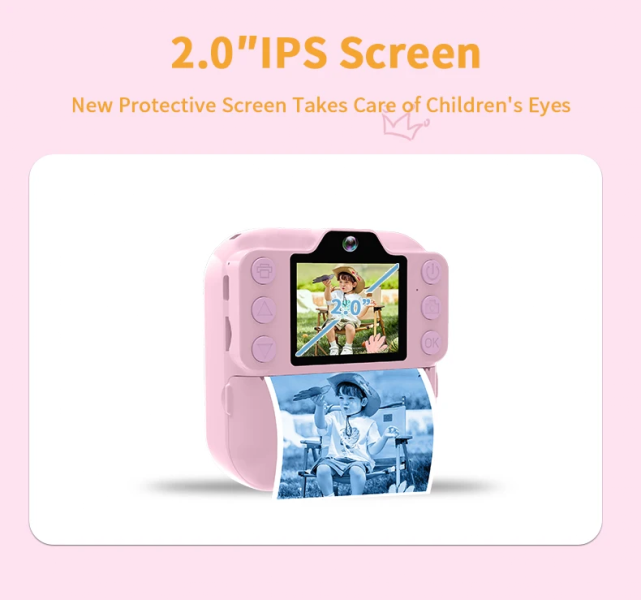 Eine rosa Digitalkamera mit IPS-Bildschirm, die ein Foto eines Kindes druckt.