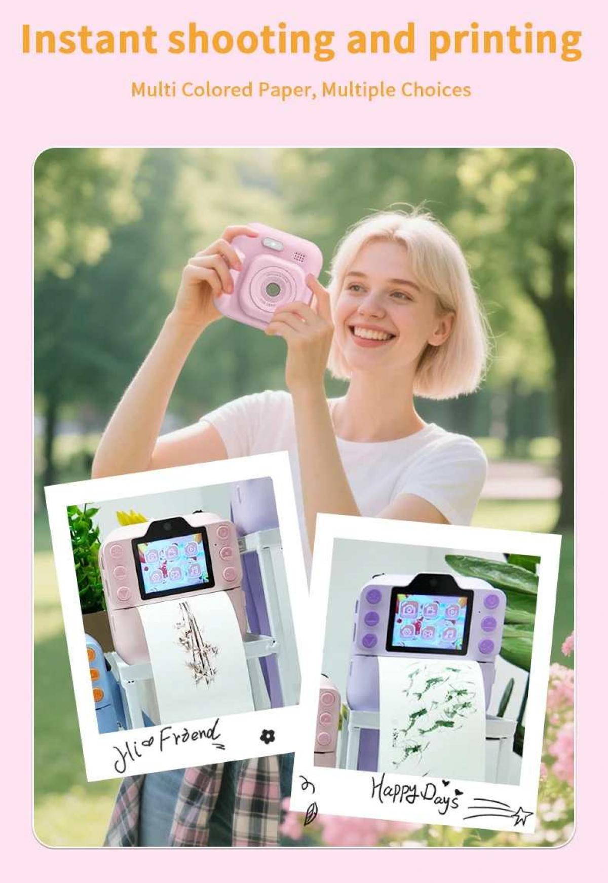 Junge Frau hält eine rosa Sofortbildkamera, zwei Spielzeugkameras drucken Bilder.