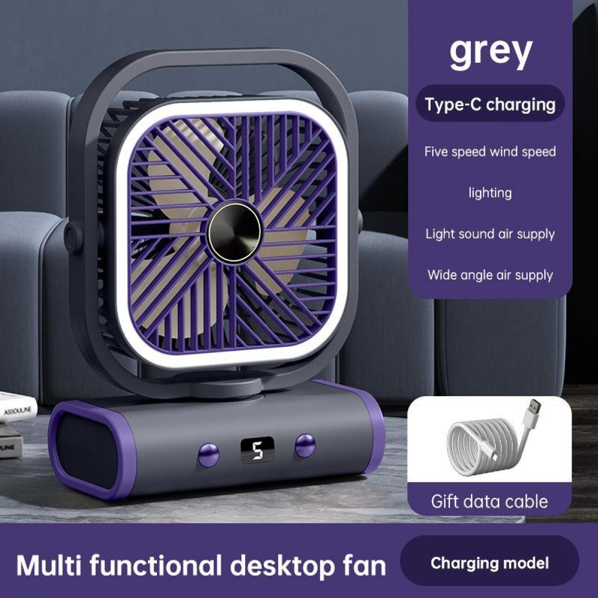Grauer Tischventilator mit violetter Lüfterabdeckung, LED-Beleuchtung und USB-C-Ladekabel.