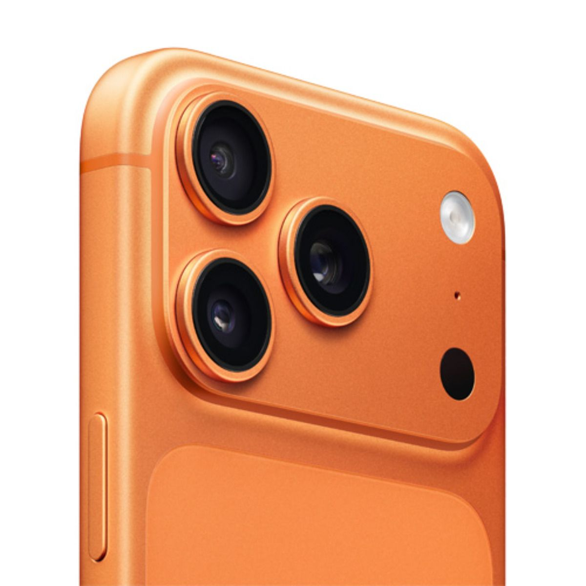 Primo piano del retro di uno smartphone arancione con tre fotocamere e flash.