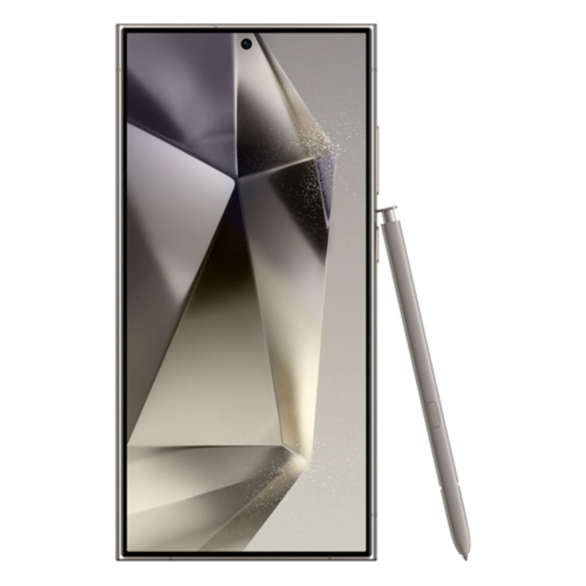 Ein silbernes Smartphone mit einem Stift daneben, auf dem Bildschirm ist ein geometrisches Muster.