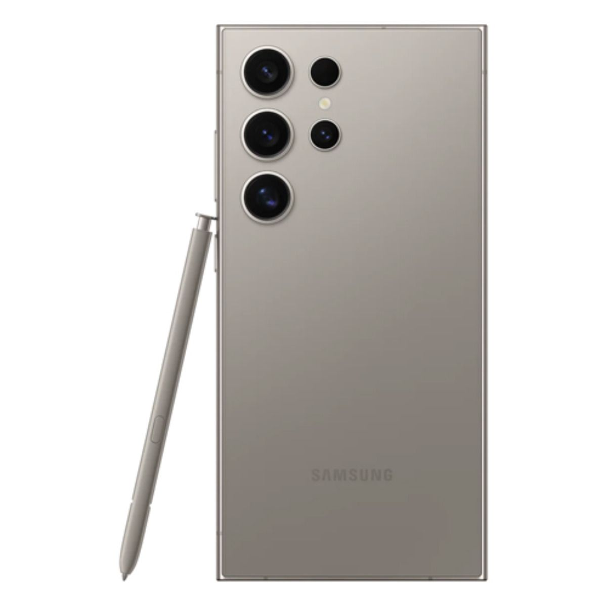 Ein silbernes Samsung Smartphone mit Stift und vier Kameralinsen auf der Rückseite.