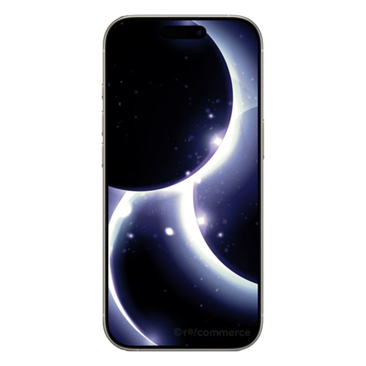 Ein Smartphone mit einem dunklen Weltraum-Hintergrund mit leuchtenden Monden.