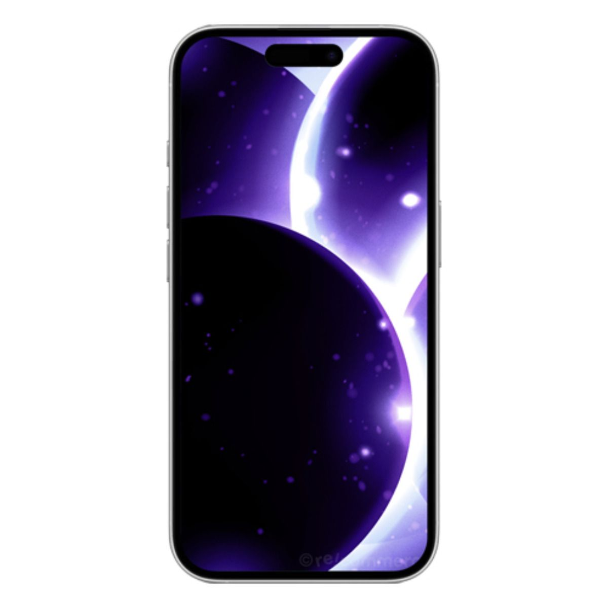 Un smartphone affiche un fond spatial violet avec des planètes.
