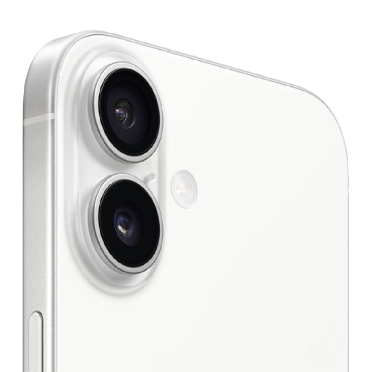Gros plan de l'arrière d'un smartphone blanc, montrant deux caméras et un flash.