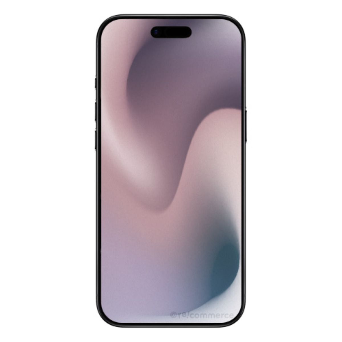 Uno smartphone nero con uno sfondo astratto e fluente in tonalità viola e blu.