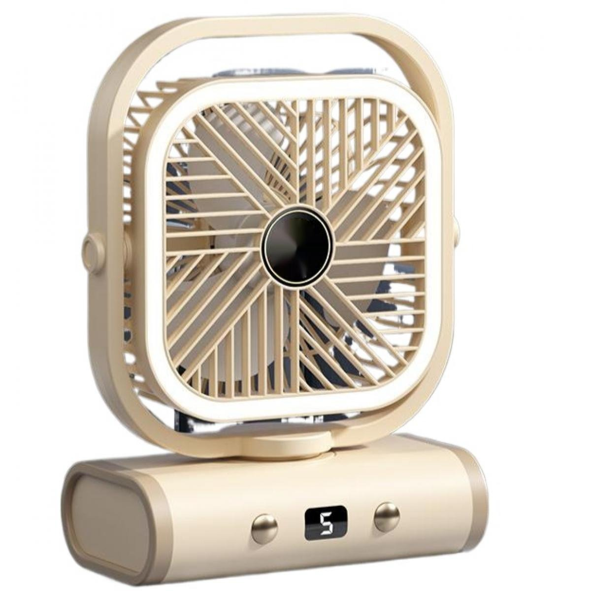 Ein kleiner, cremefarbener Ventilator mit quadratischem Gitter und LED-Beleuchtung.