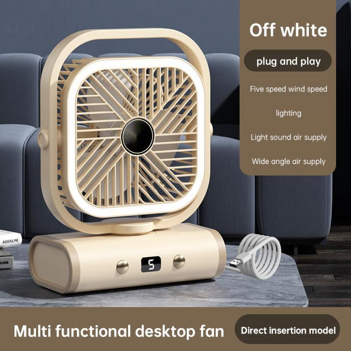 Ein cremefarbener Tischventilator mit USB-Anschluss und digitaler Geschwindigkeitsanzeige.
