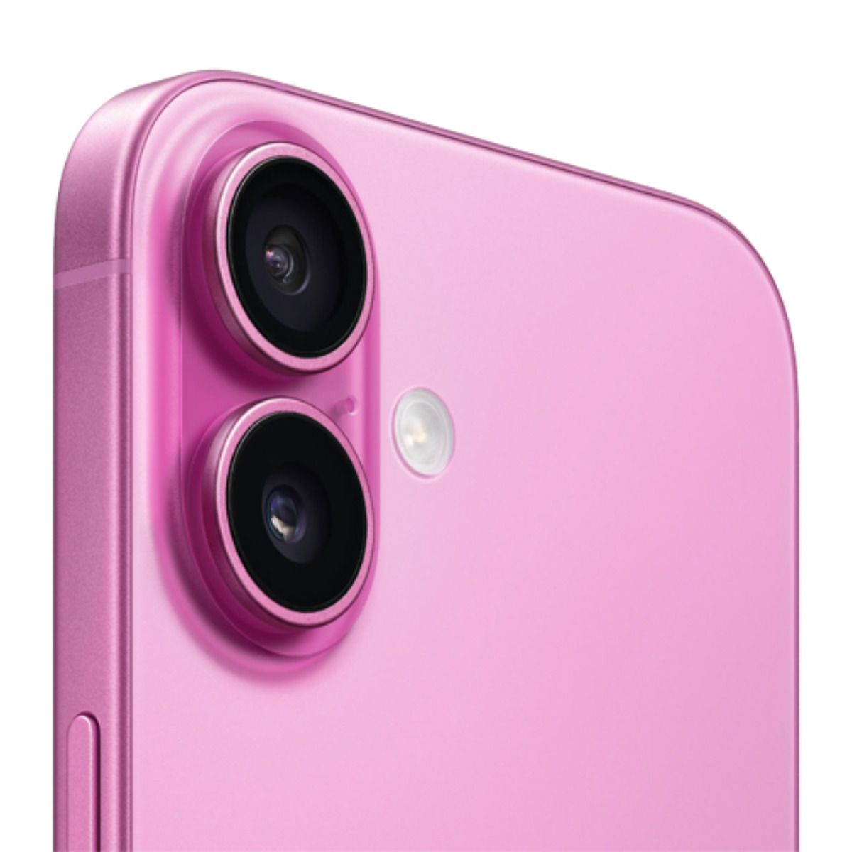 Nahaufnahme der Rückseite eines rosa iPhones mit zwei Kameras und Blitz.
