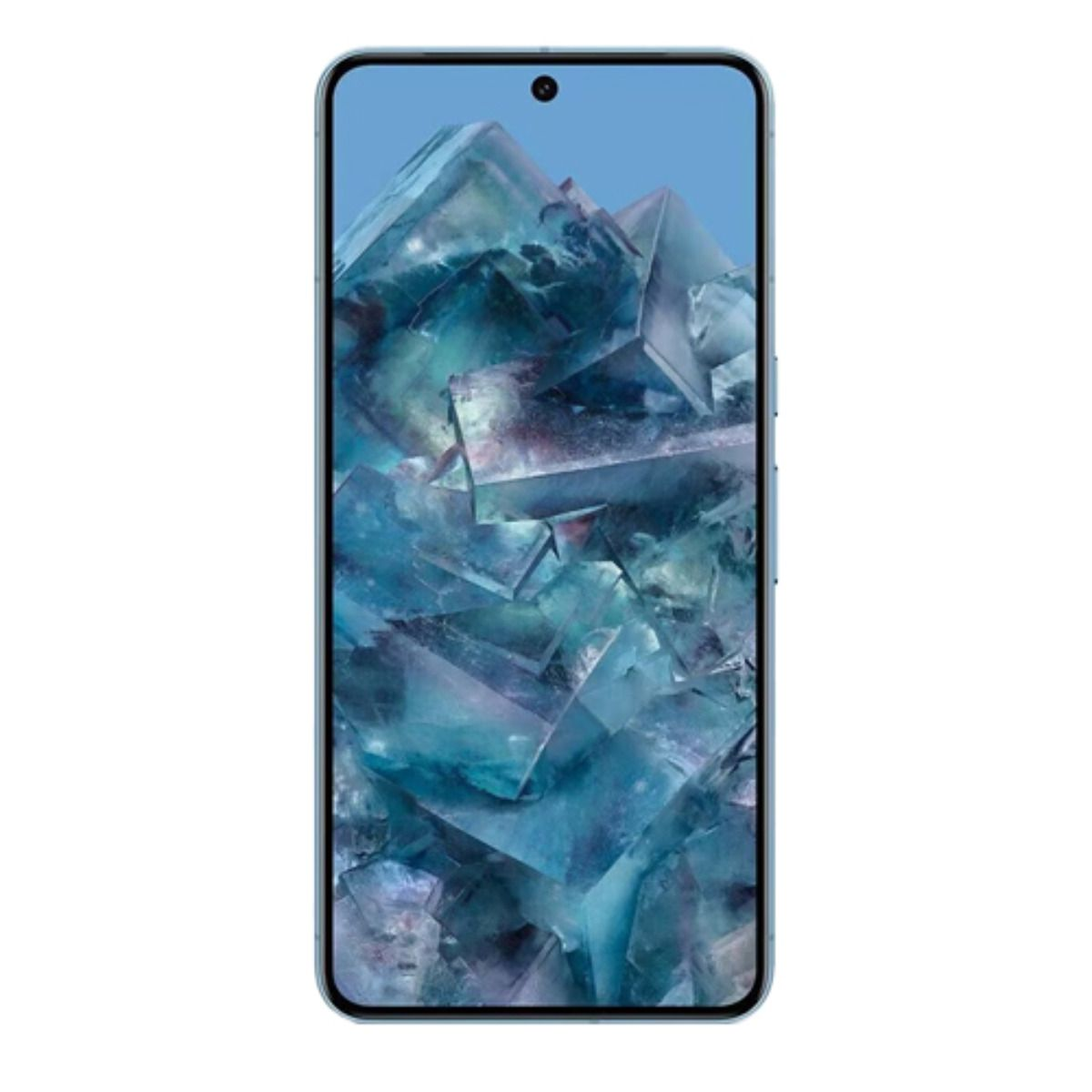 Uno smartphone azzurro con uno sfondo di formazioni cristalline blu.