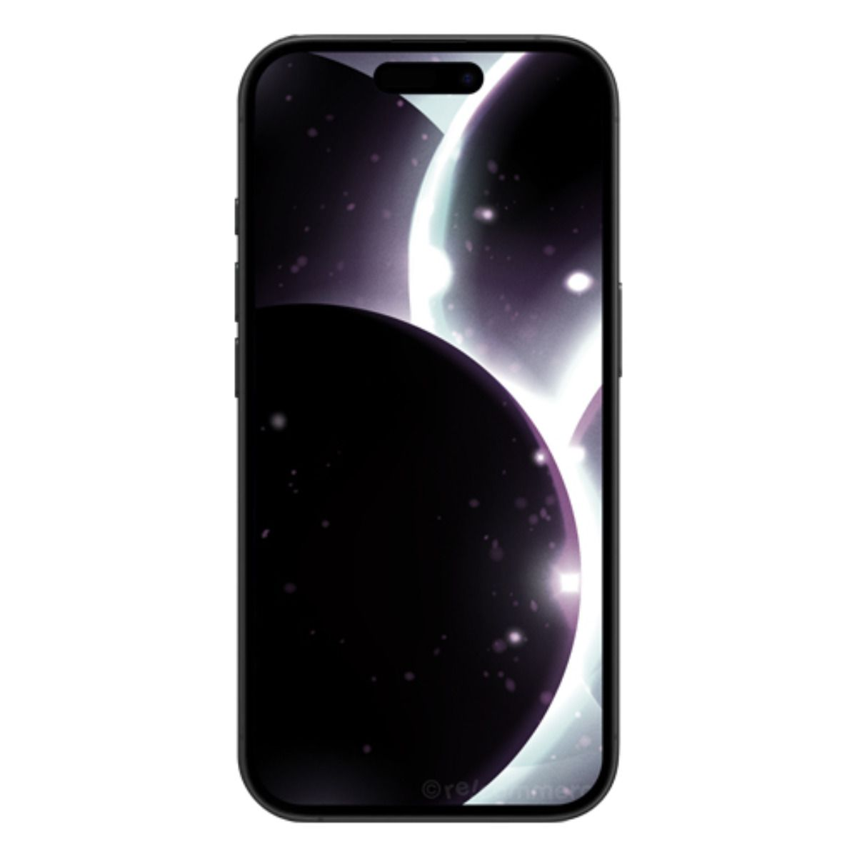 Uno smartphone nero mostra uno sfondo spaziale con pianeti e stelle.