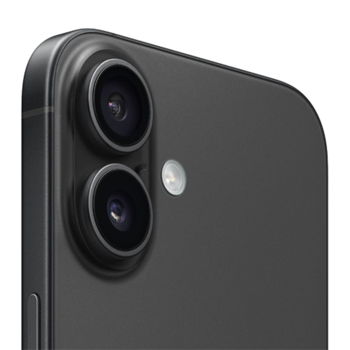 Primo piano del retro di uno smartphone scuro con due fotocamere e un flash.