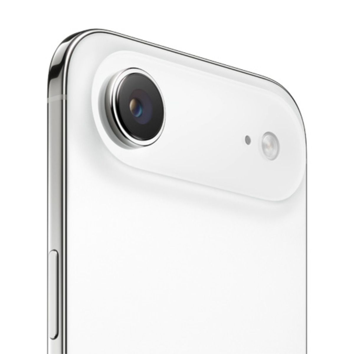 Primo piano del retro di uno smartphone bianco con una singola fotocamera e flash.