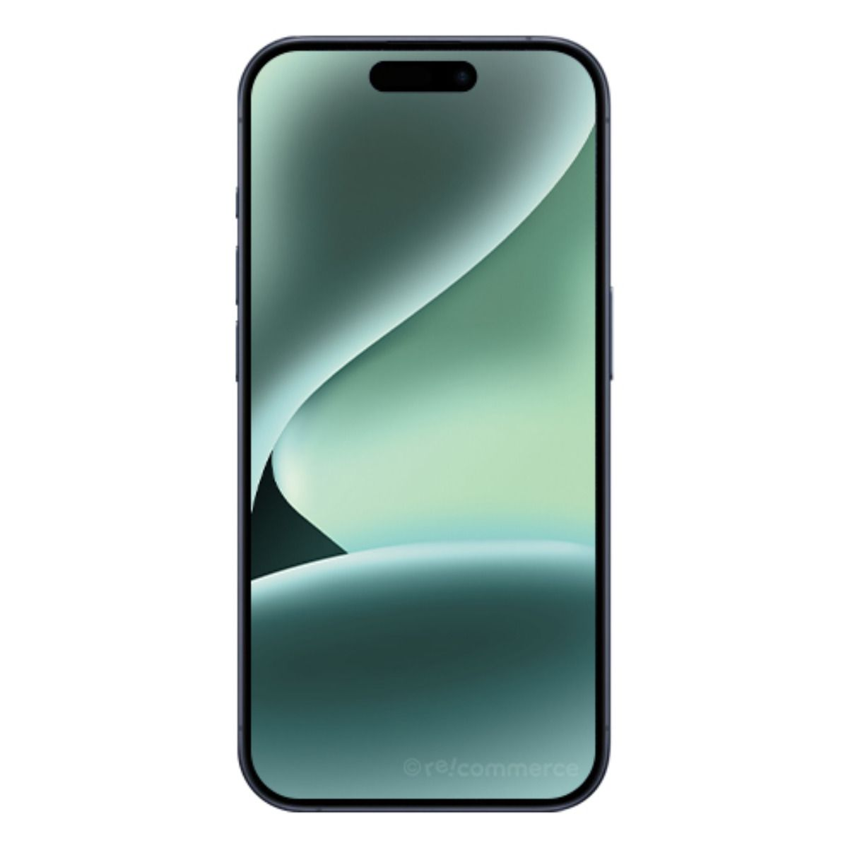 Uno smartphone scuro con uno sfondo stilizzato verde e bianco sullo schermo.
