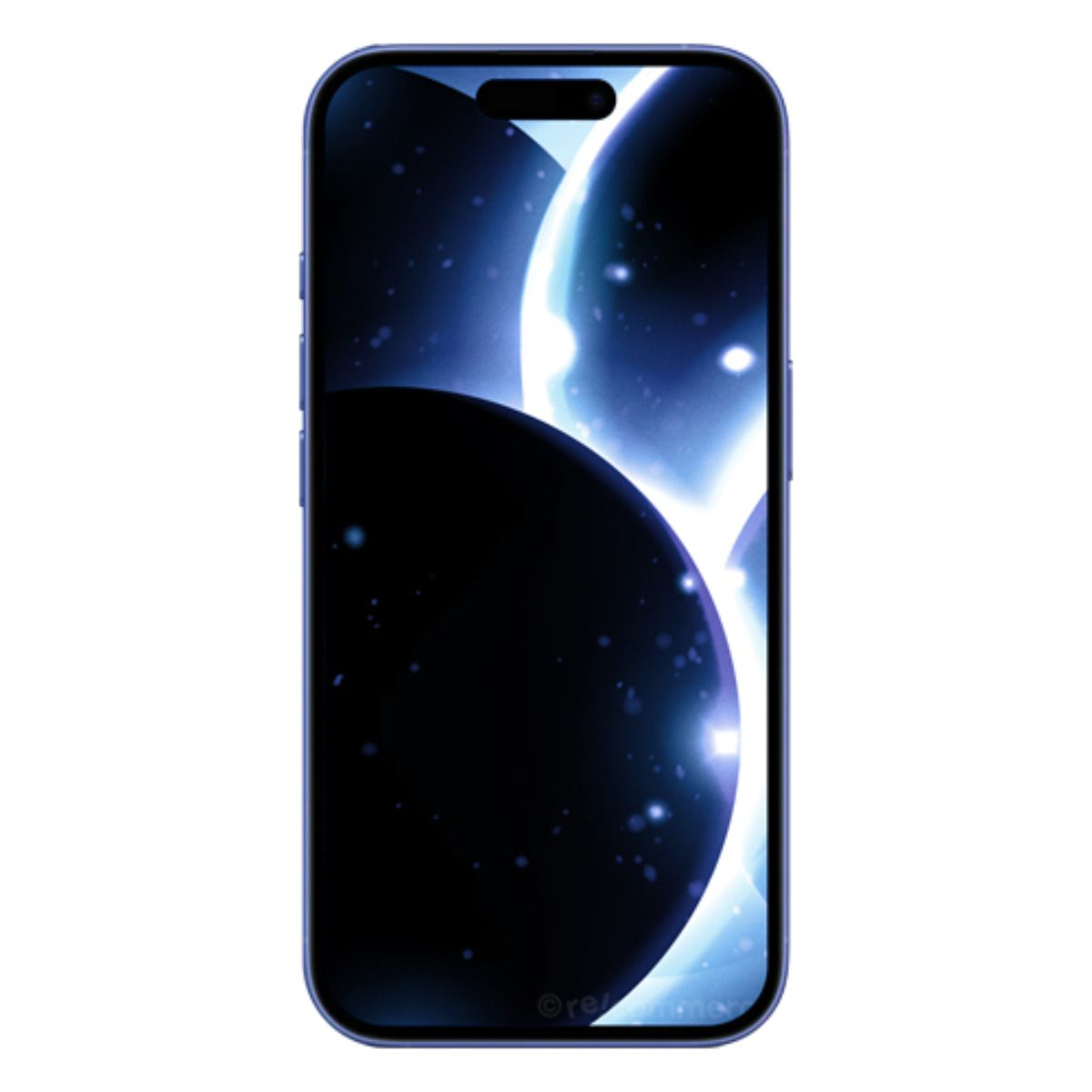 Uno smartphone blu mostra uno sfondo spaziale con pianeti e stelle.