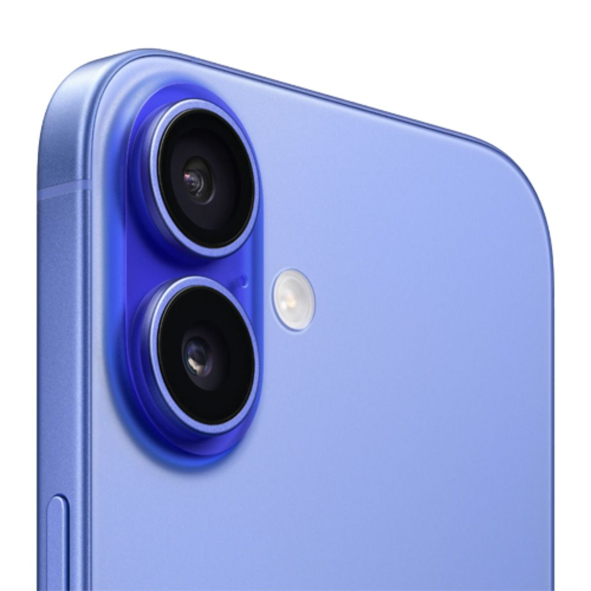 Retro di uno smartphone viola chiaro con due fotocamere e flash.