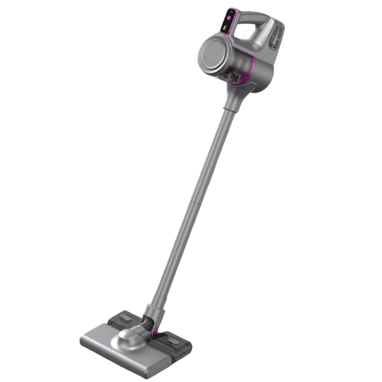Ein schlanker, silberner Stielstaubsauger mit pinken Akzenten.