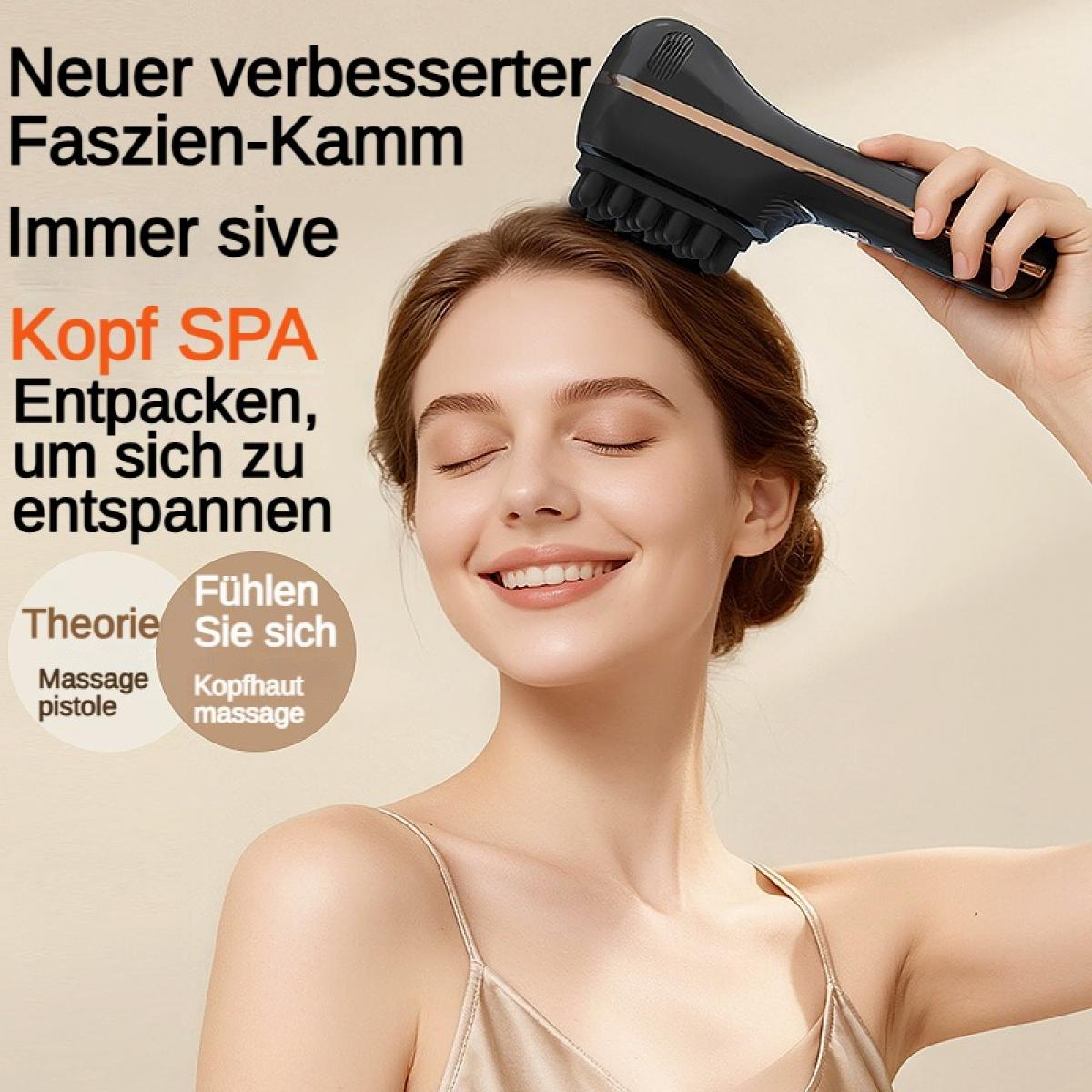 Frau entspannt sich mit Kopf-Massagegerät. Text: Neuer Faszien-Kamm für Kopf-SPA.