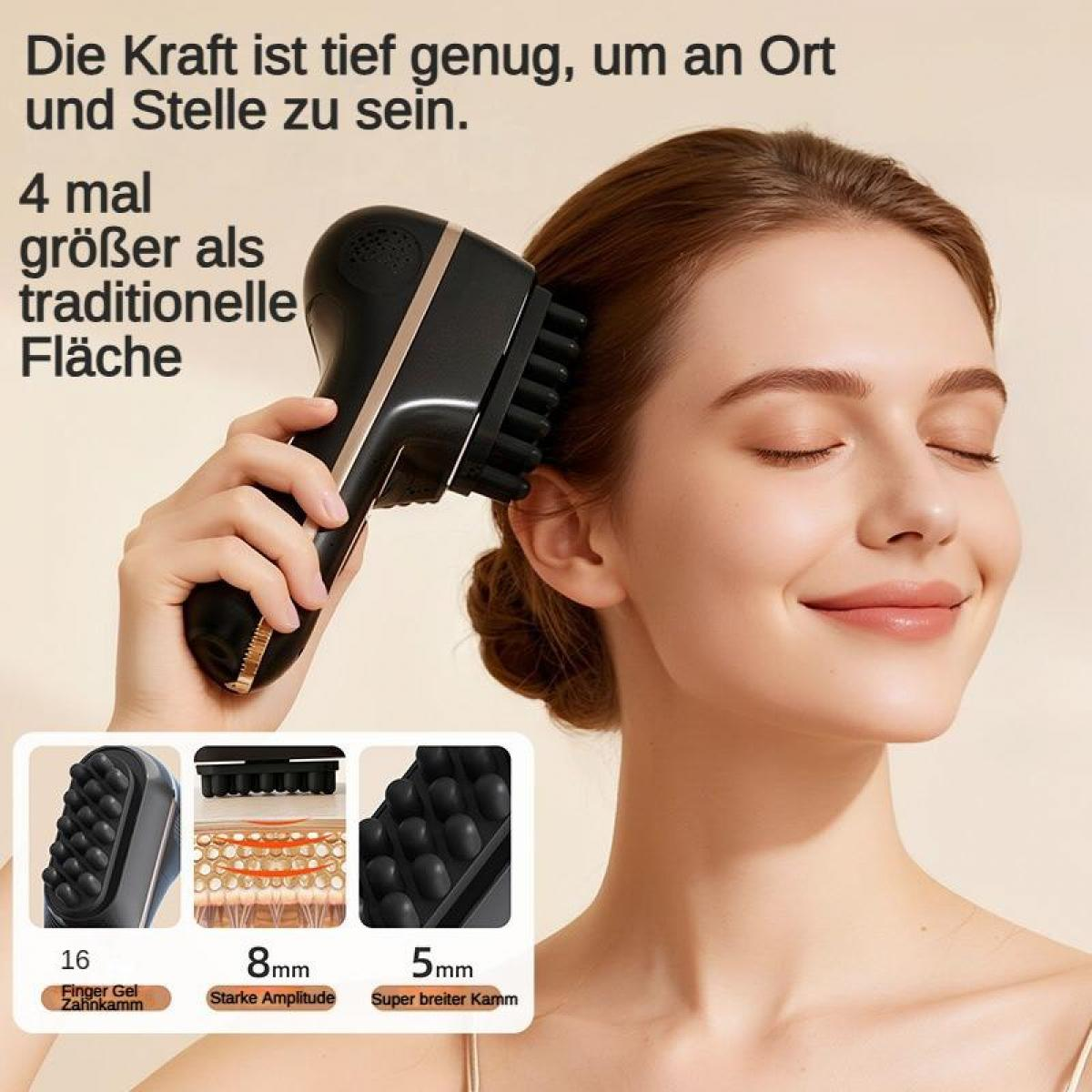 Frau benutzt Kopfhautmassagegerät mit verschiedenen Aufsätzen. Nahaufnahme.