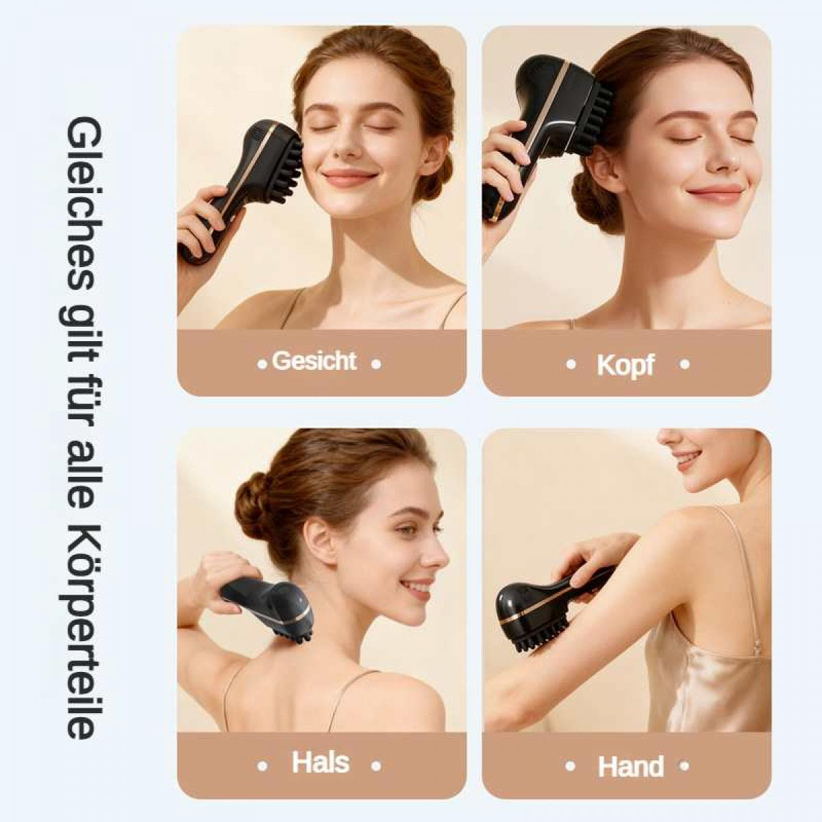 Frau benutzt Massagegerät für Gesicht, Kopf, Hals und Hand.
