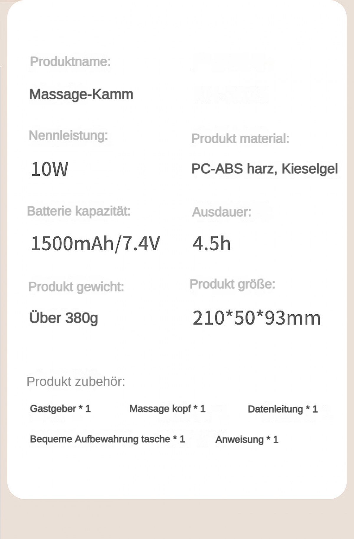 Produktdetails: Massagekamm, 10W, 1500mAh, 380g, PC-ABS, 4,5h.