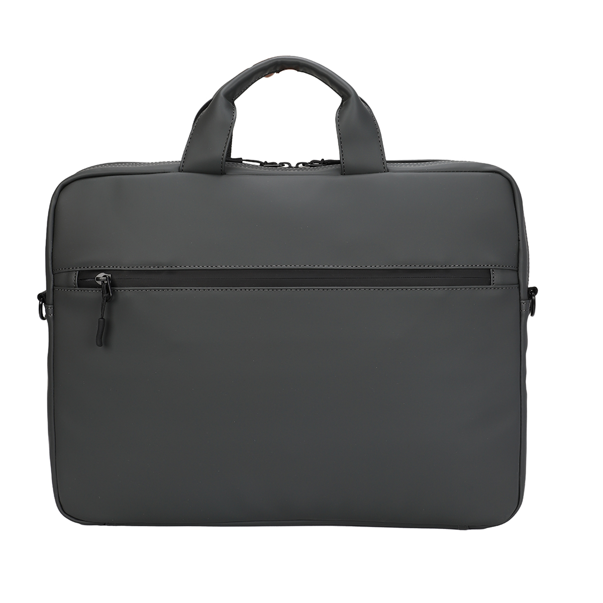 Una borsa per laptop grigio scuro con due manici e una tasca frontale con zip.
