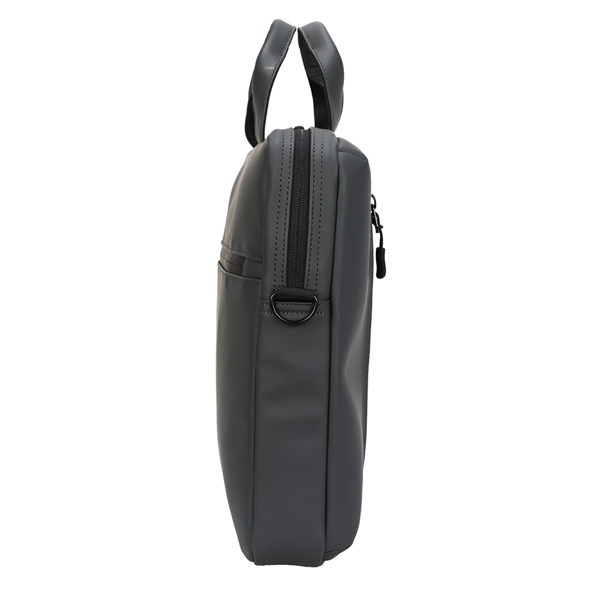 Borsa grigia per laptop con cerniere e manici, vista di lato.