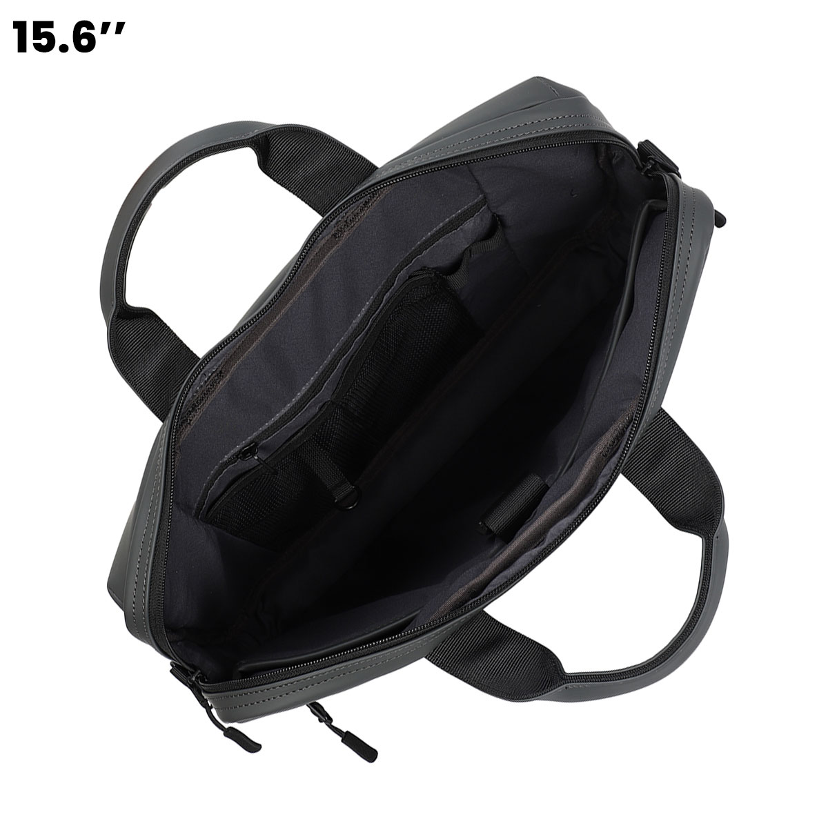 Borsa grigia per laptop, aperta, con scomparti e manici.