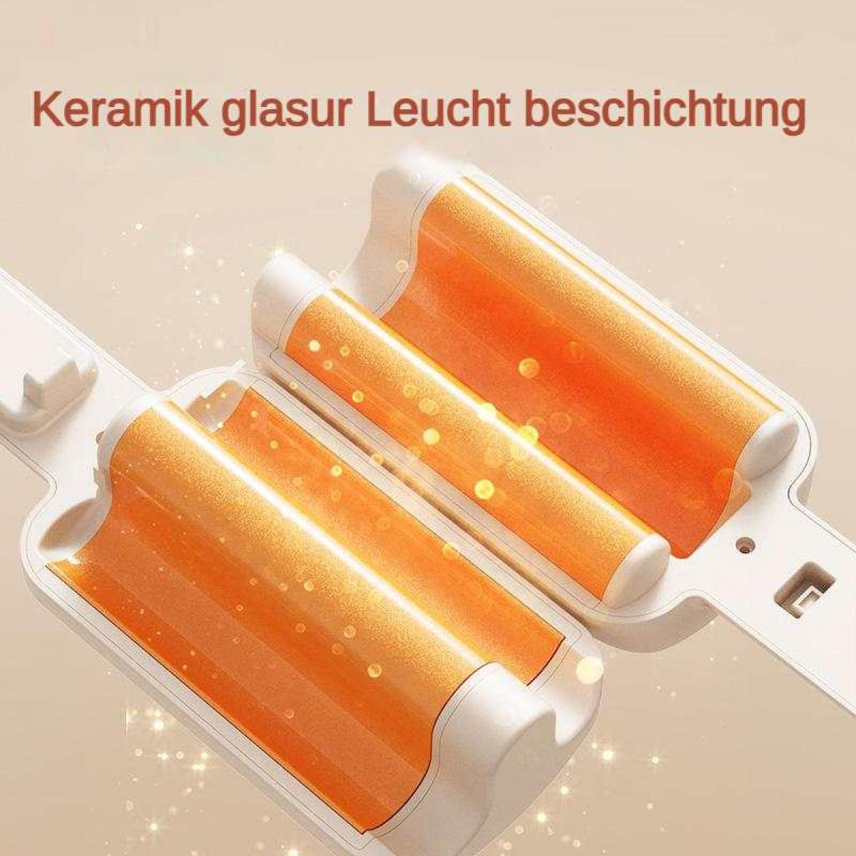 Ein offenes, weißes Haarglätteisen mit orangefarbenen Heizplatten. Glitzerpartikel.