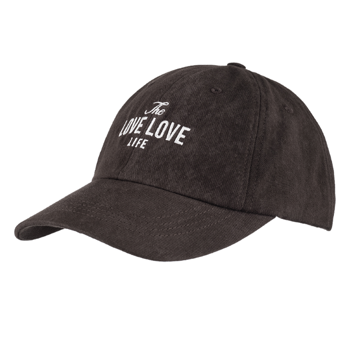 Una gorra oscura con texto blanco "The LOVE LOVE LIFE".