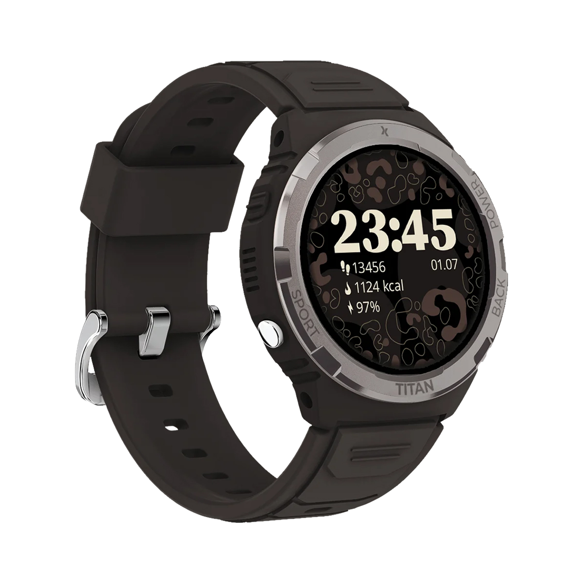 Un reloj inteligente negro con bisel plateado y pantalla completa.