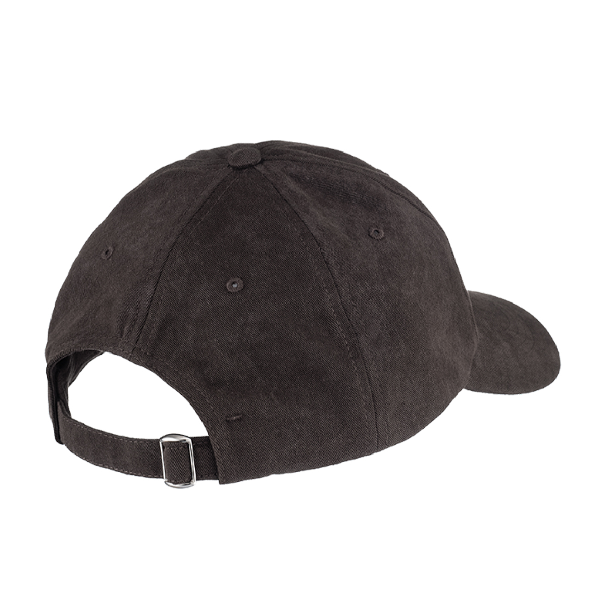 Gorra de béisbol de tela marrón oscuro con correa ajustable.