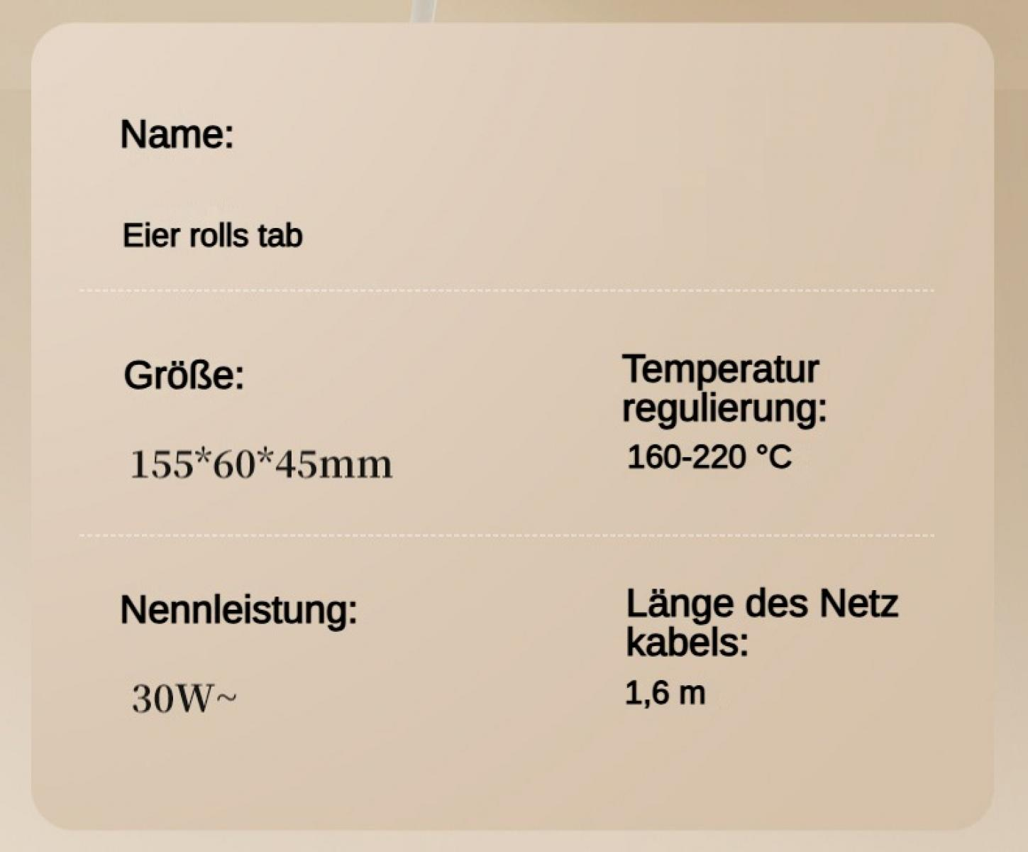 Produktdetails: Eier roll tab, 155x60x45mm, 30W, 160-220°C, 1,6m Kabel.