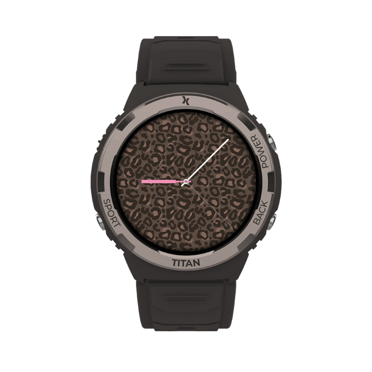 Reloj inteligente negro con esfera de leopardo y bisel plateado.