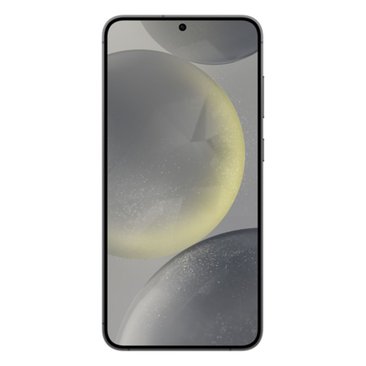 Ein Smartphone mit einem abstrakten Hintergrund aus grauen und gelben Kugeln.