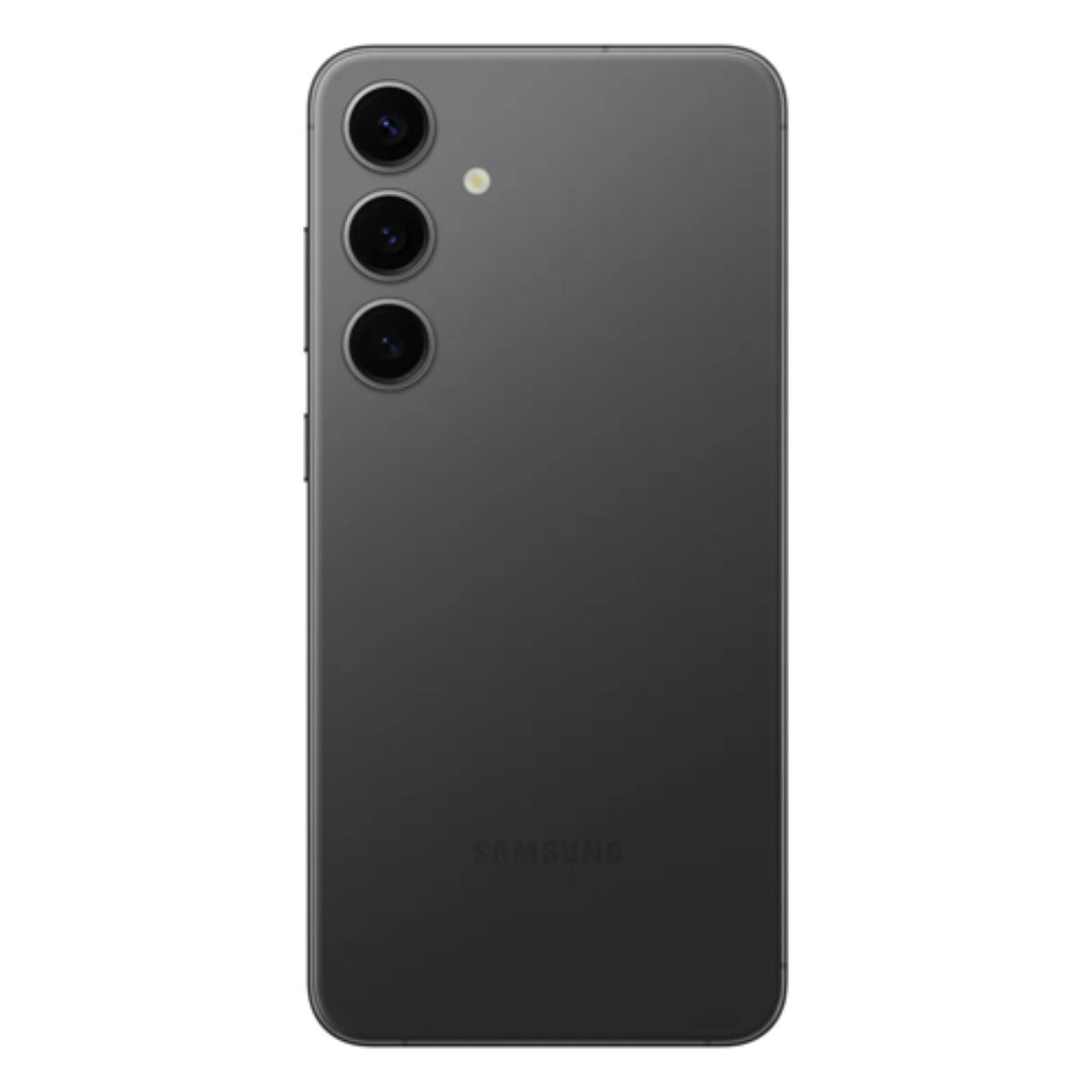 Dunkelgraues Smartphone mit drei Kameras und Blitz auf der Rückseite.