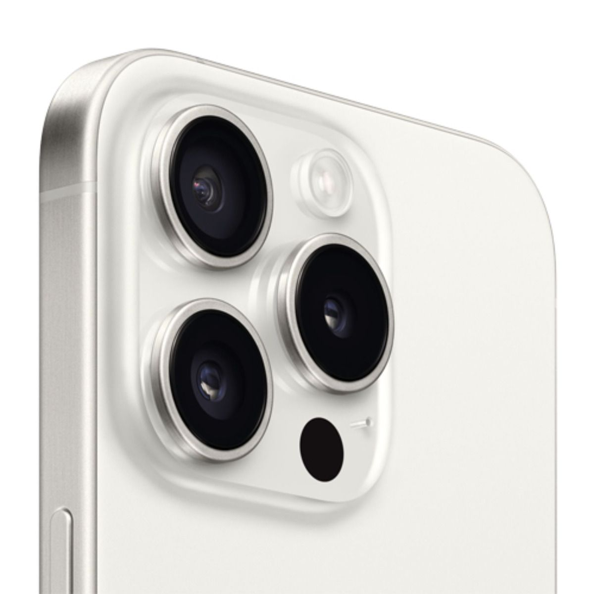 Nahaufnahme des weißen iPhones mit drei Kameras und Blitz.