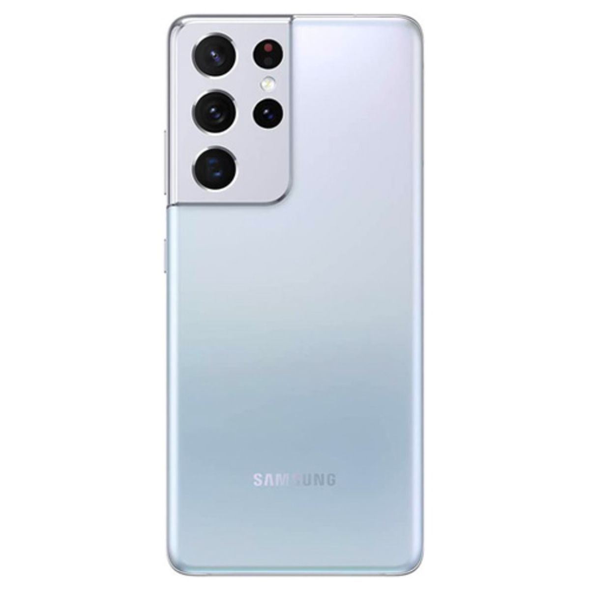 Rückseite eines hellblauen Samsung Galaxy S21 Ultra mit Kameramodul.