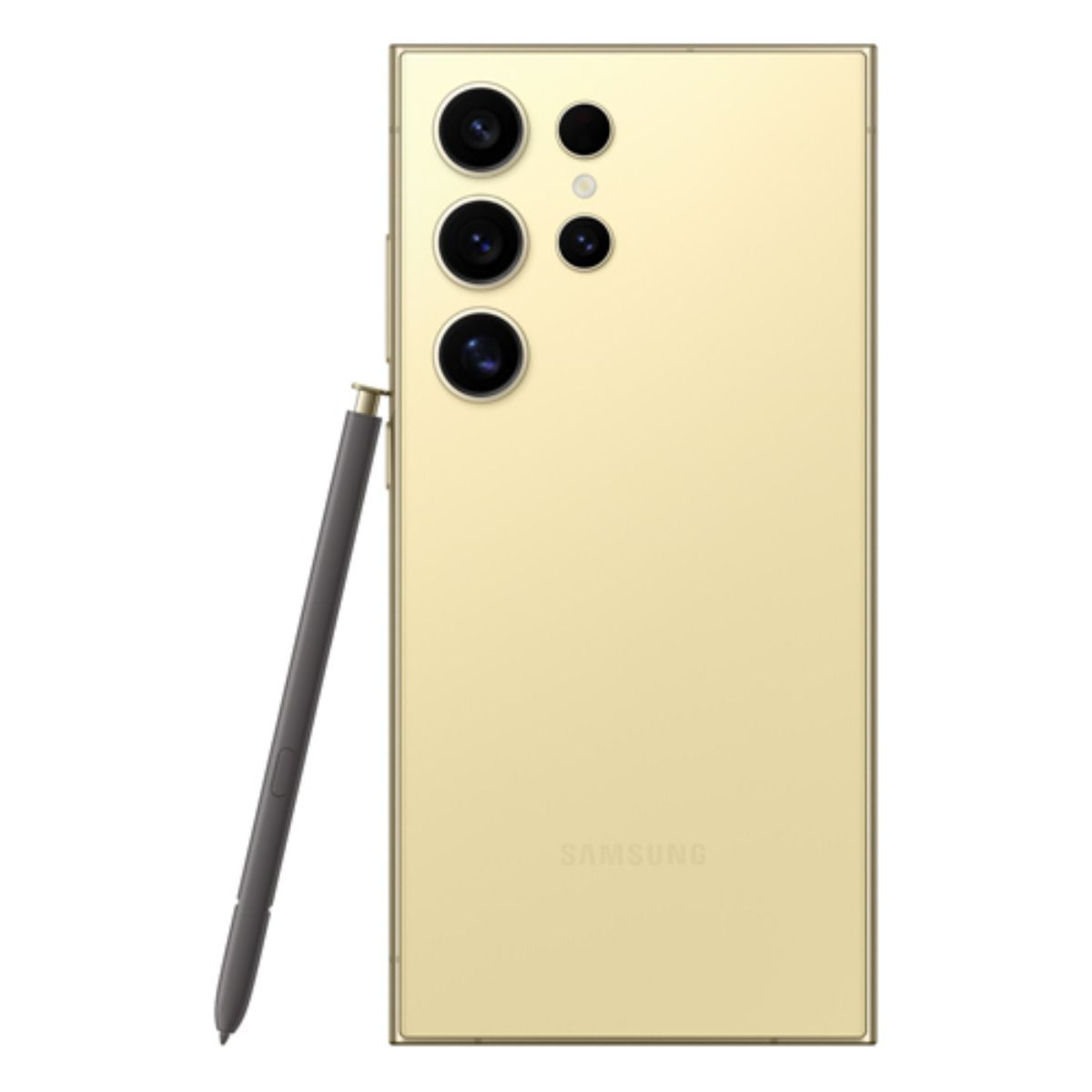 Goldfarbenes Smartphone mit vier Kameras und Stift