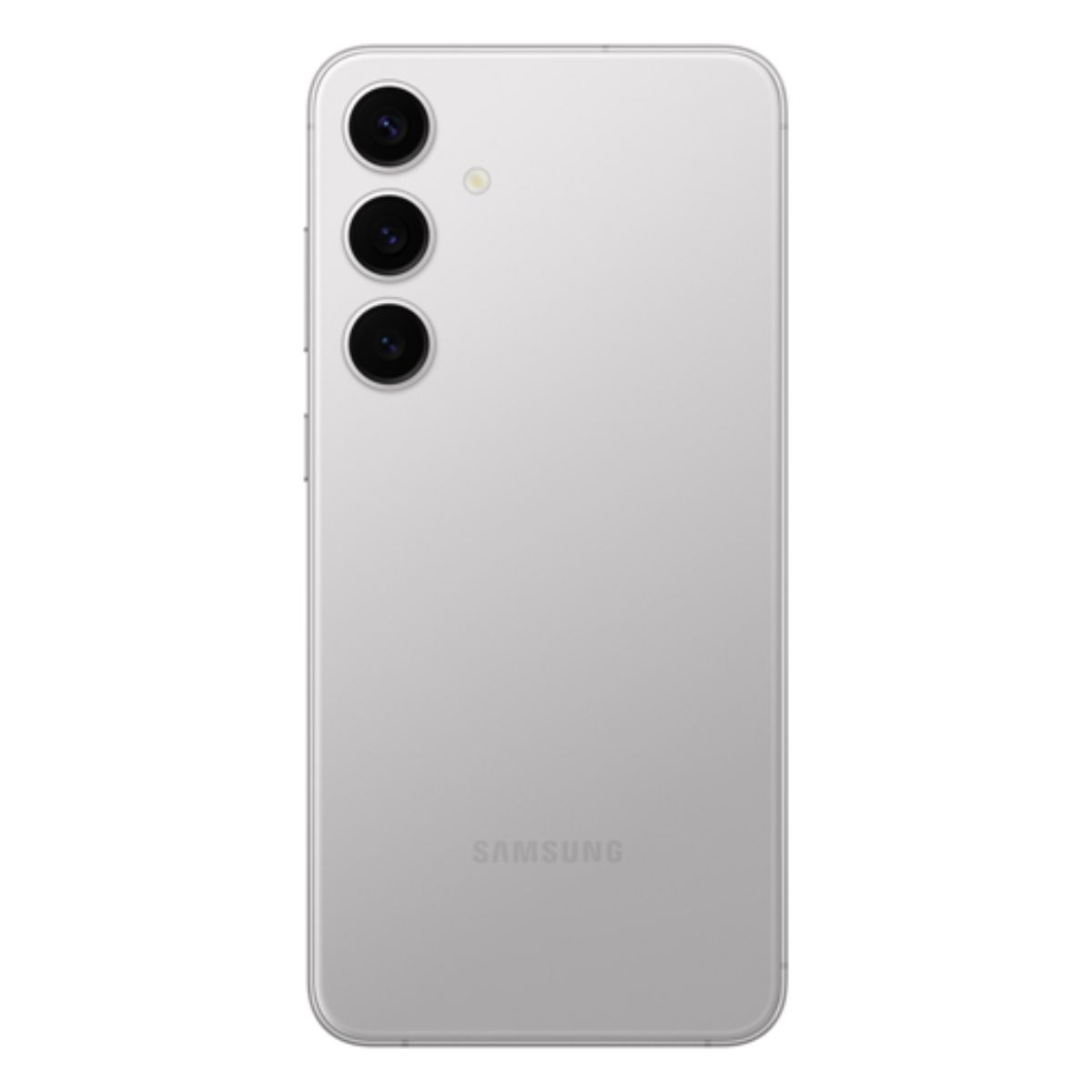 Rückseite eines silbernen Smartphones mit drei Kameras und Samsung-Logo.