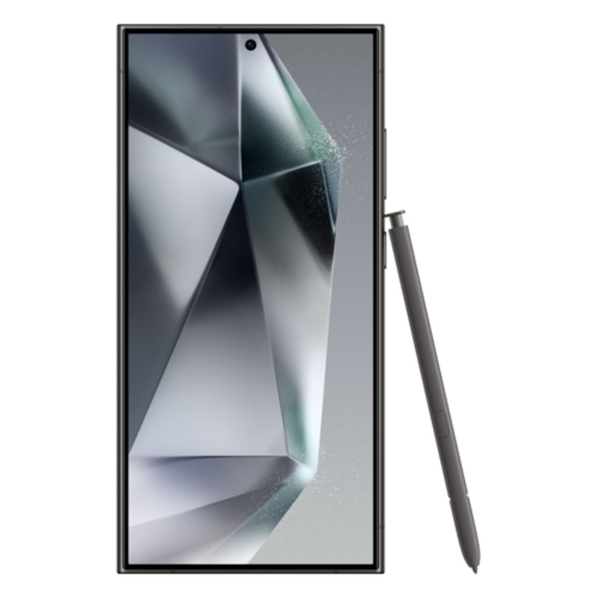 Ein dunkles Smartphone mit einem Stift, der an der Seite befestigt ist.
