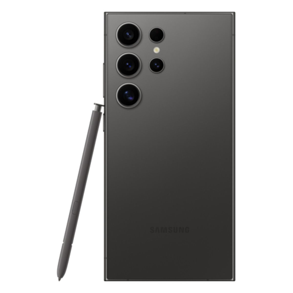 Dunkelgraues Smartphone mit Stift. Vier Kameras auf der Rückseite.
