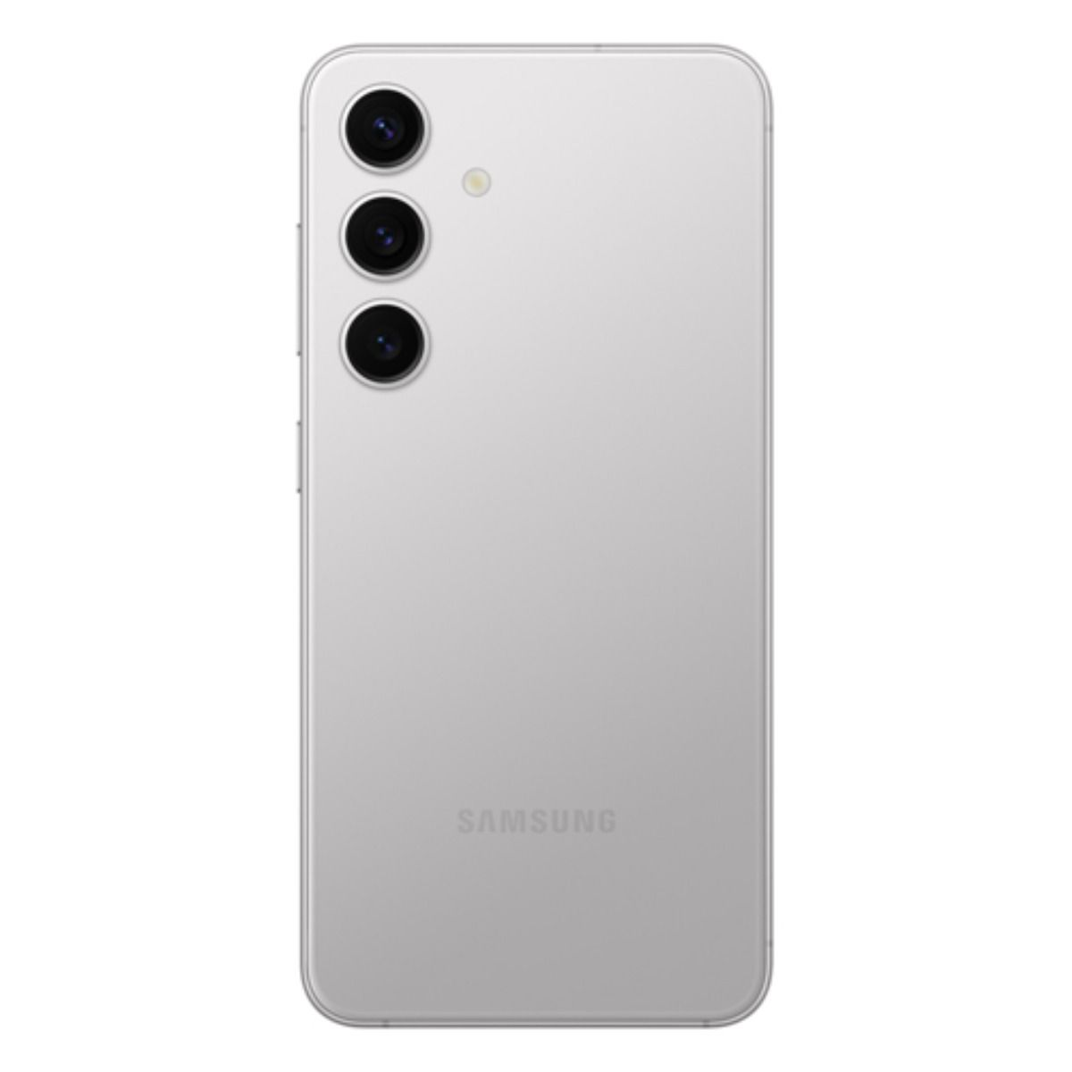 Rückseite eines silbernen Samsung Smartphones mit drei Kameras und Blitz.