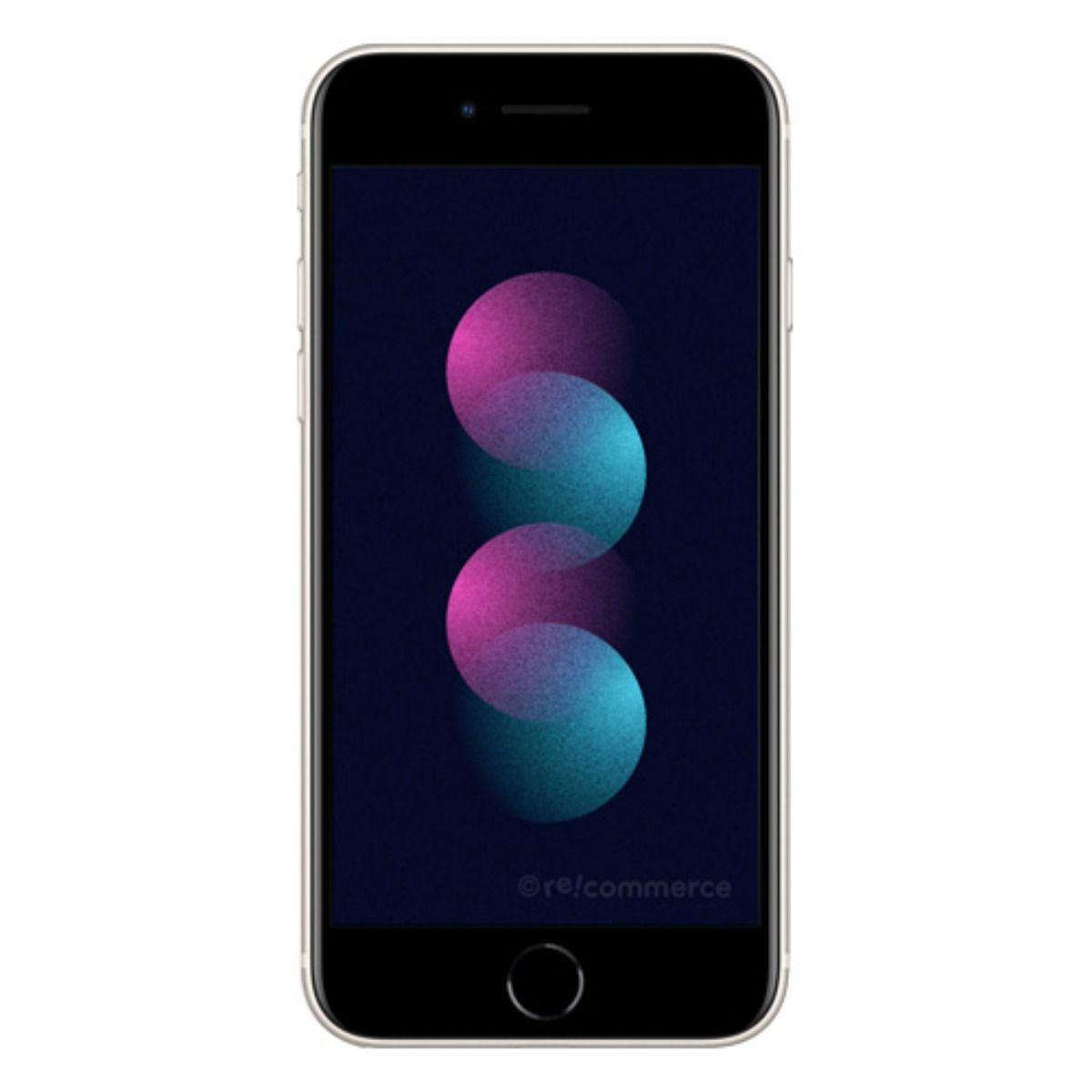 Un smartphone affichant un fond sombre avec des cercles violets et bleus.