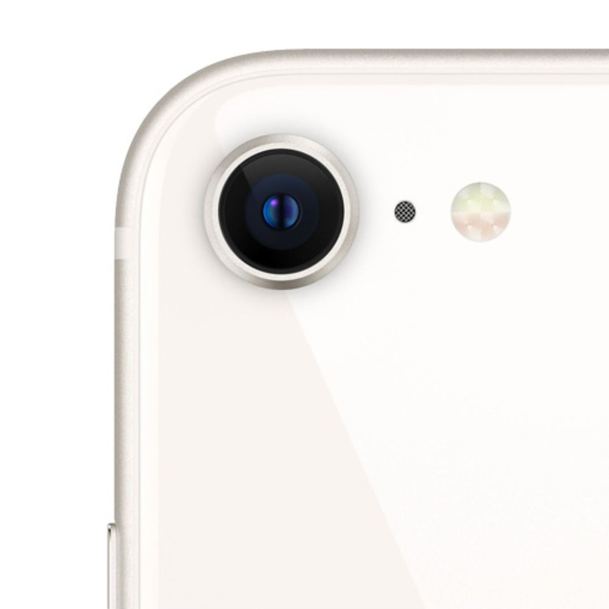 Gros plan de l'arrière d'un smartphone blanc, montrant l'objectif et le flash.