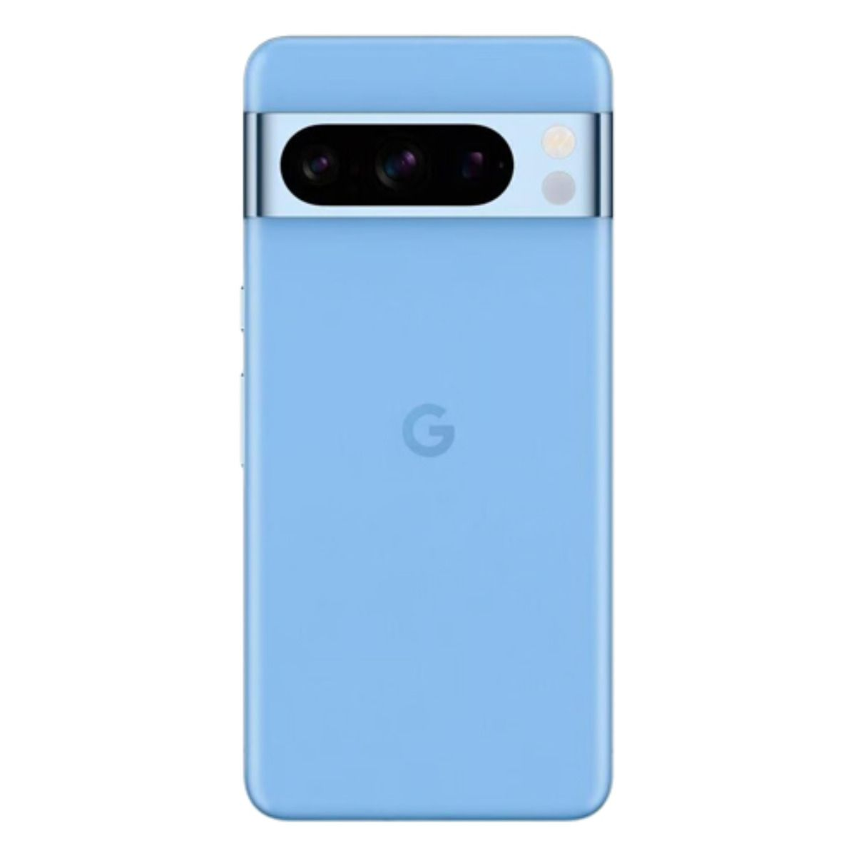 Uno smartphone blu chiaro con barra fotocamera argentata e logo Google.