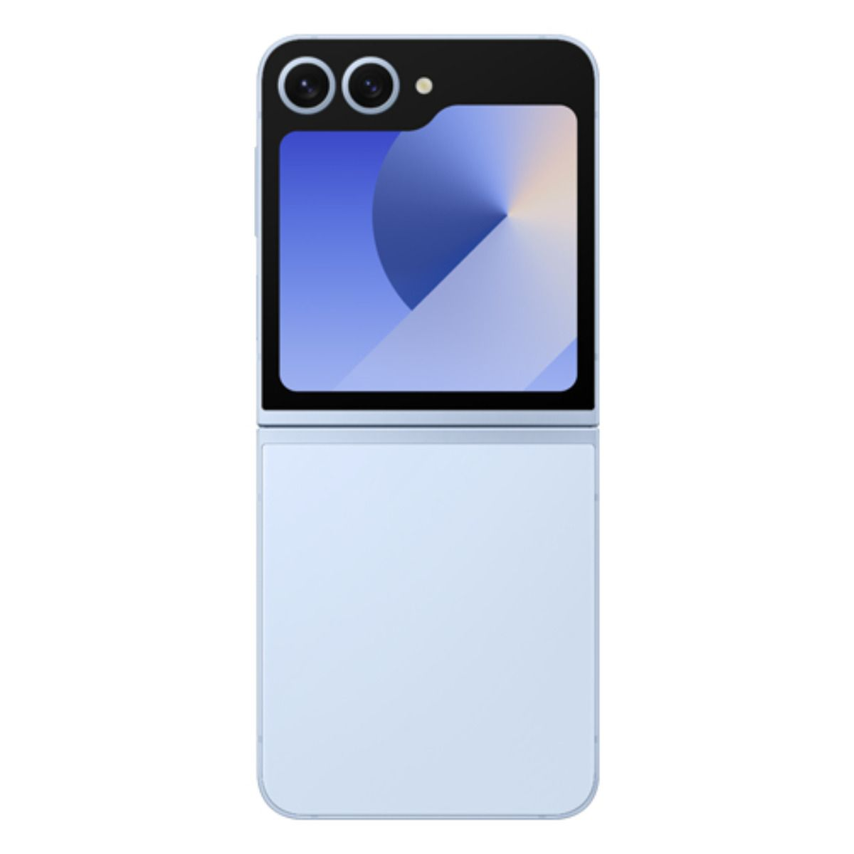 Un telefono a conchiglia azzurro con due fotocamere sulla parte superiore.