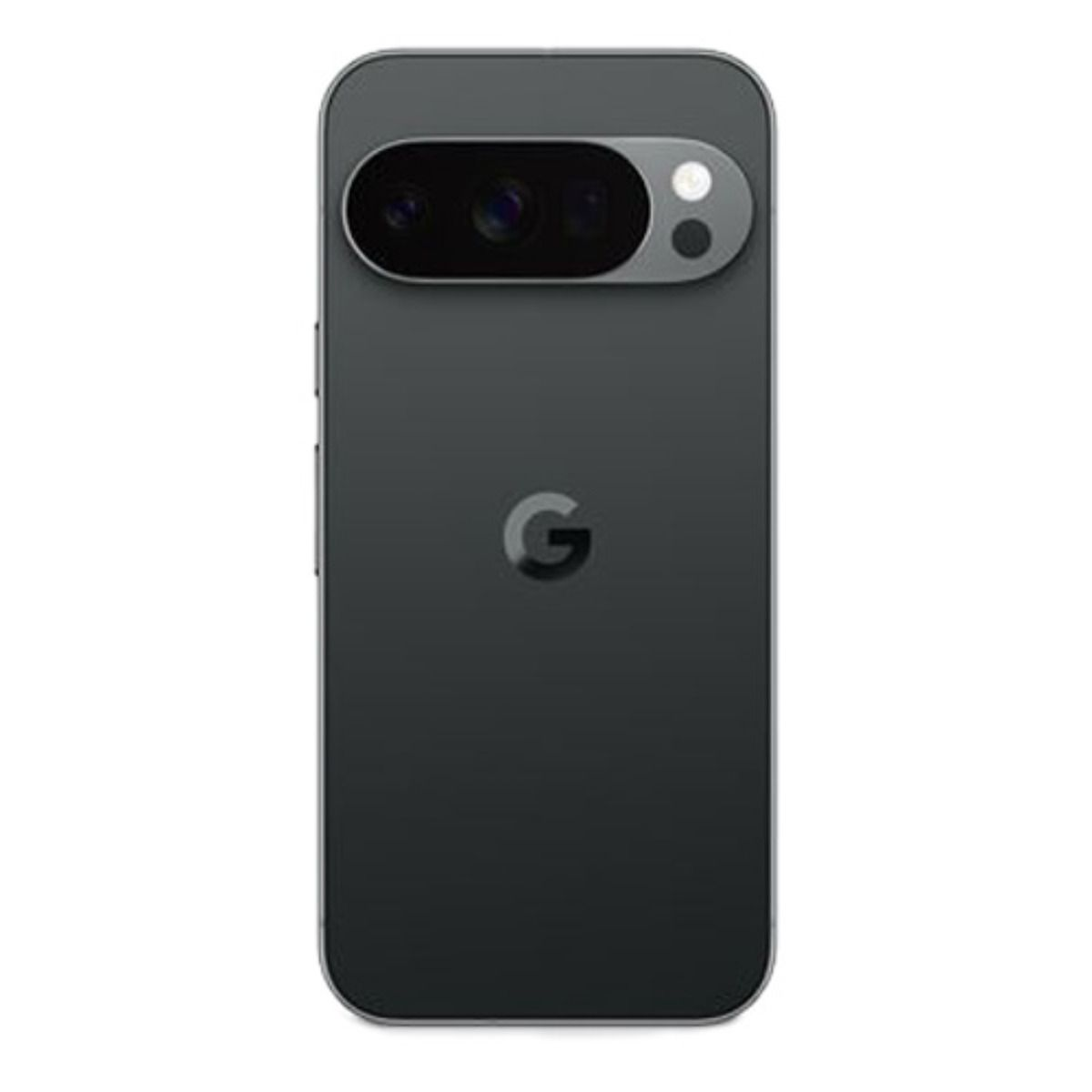 Smartphone grigio scuro visto da dietro, con tre fotocamere e logo Google.