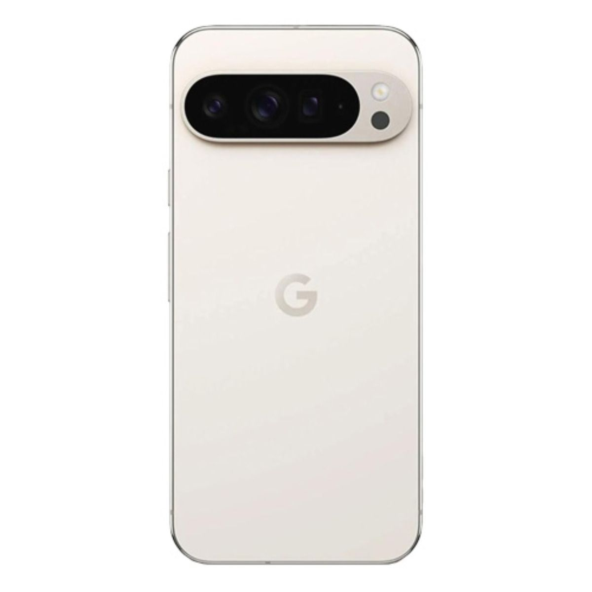 Rückseite eines weißen Google Pixel-Smartphones mit Kameramodul und G-Logo.