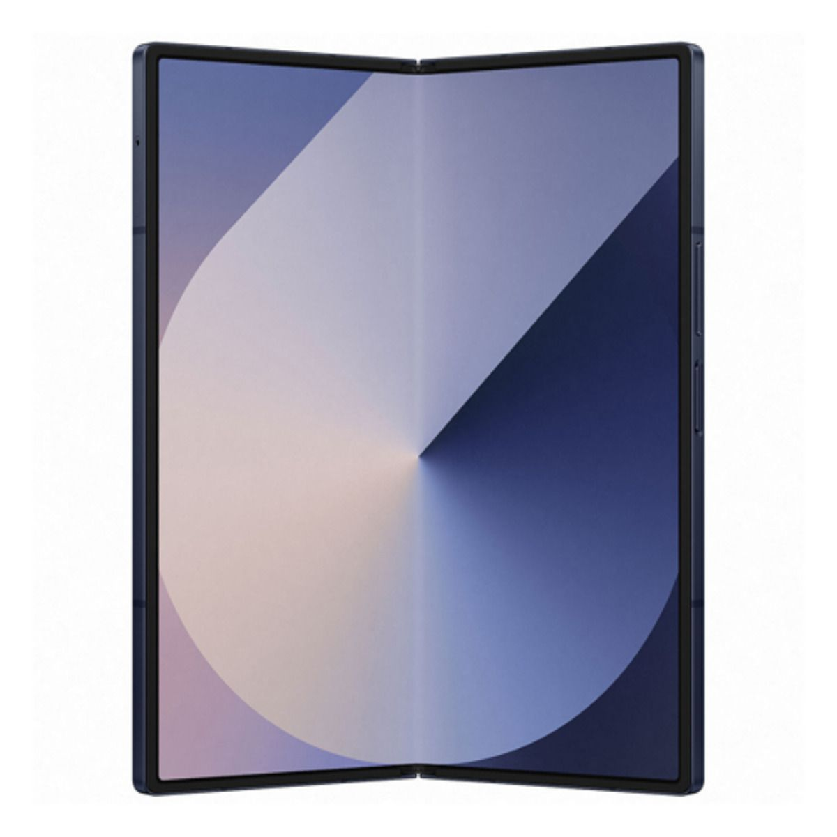Ein aufgeschlagenes faltbares Smartphone mit blau-violetter Hintergrundgrafik.